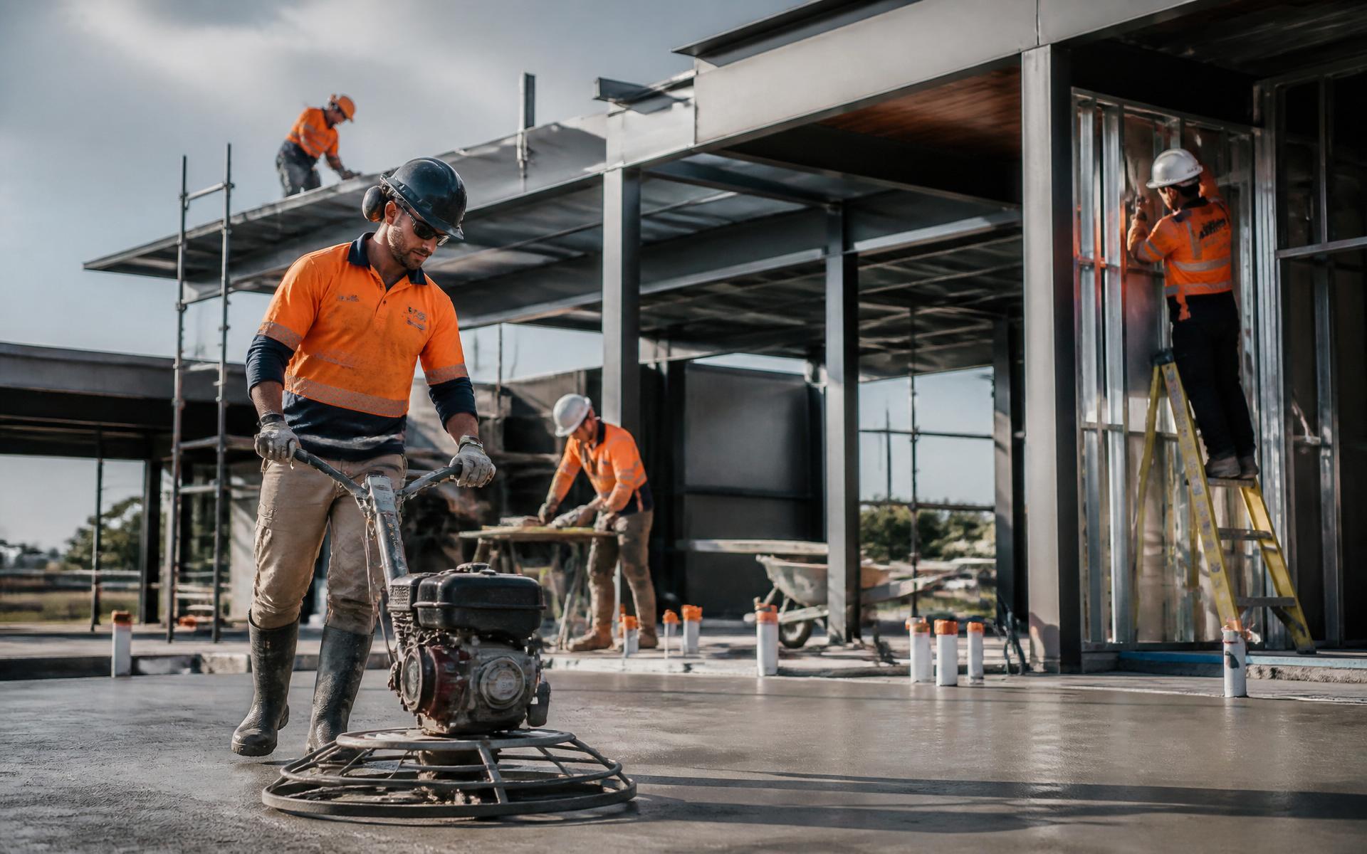 Illawarra tradespeople working together on a modern commercial construction site